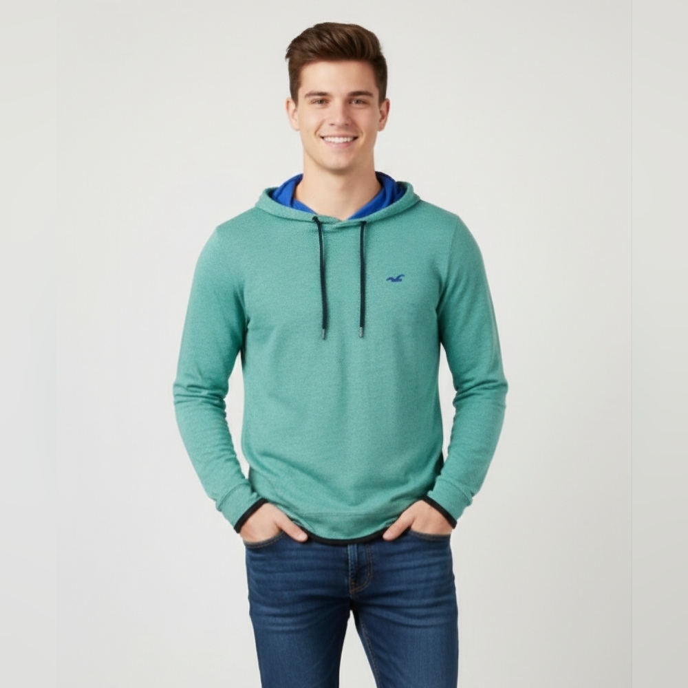 Hollister Men Sz M Hoodie Drawstring Lightweight Blue Teal Cotton Blend Pullover
